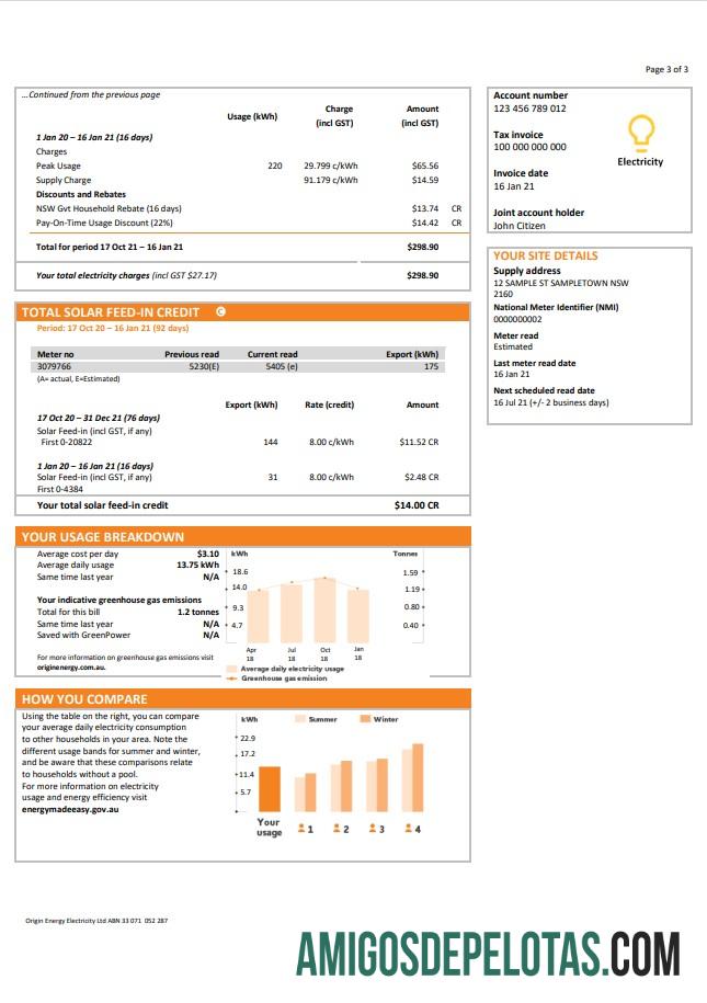 Em branco modelo de conta de serviços públicos de eletricidade de origem Austrália Nova Gales do Sul (NSW) em formato Word e PDF 3